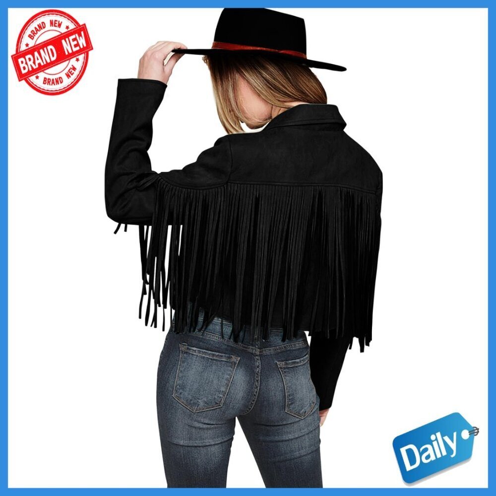 Faux Suede Fringe Cropped Jacket Slim Fit Motorcycle Style Long Sleeve